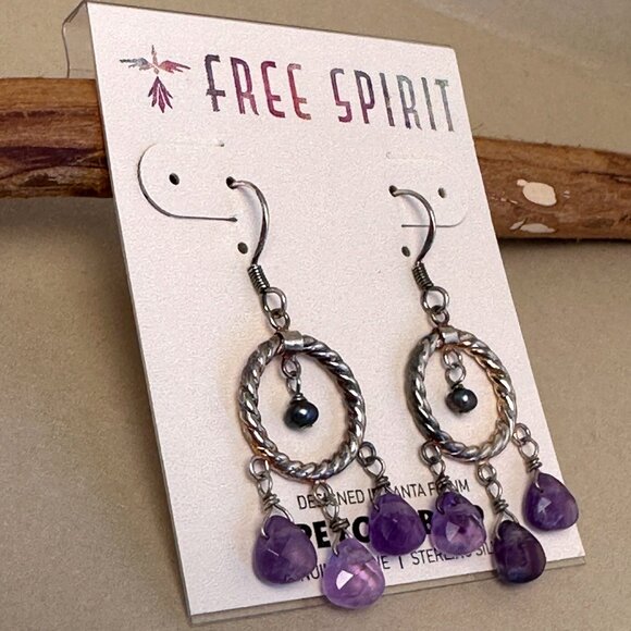 Peyote Bird Boho Gypsy Hoop Earrings Amethyst & Pearl Drops Sterling Silver NWT - Picture 3 of 12